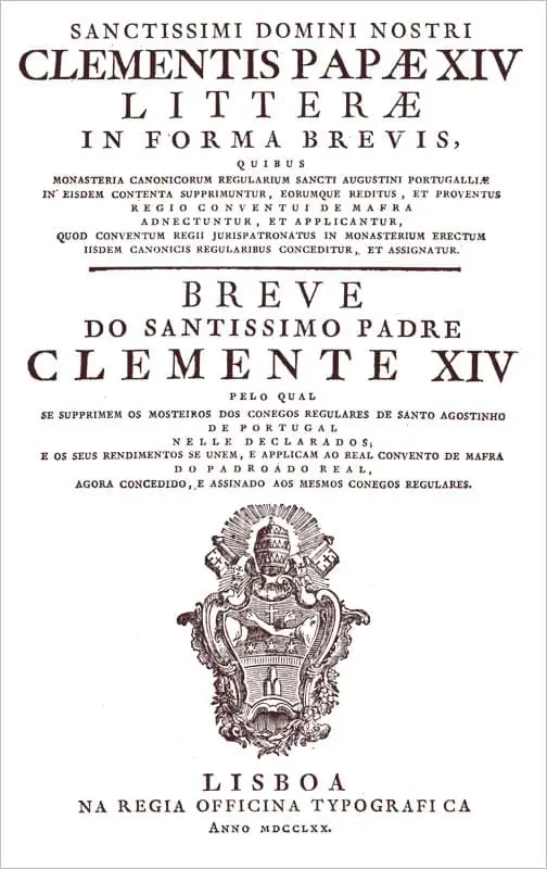 Breve Apostólico de Clemente XIV Sacrosanctum Apostulatus Ministerium (clique para ver mais).