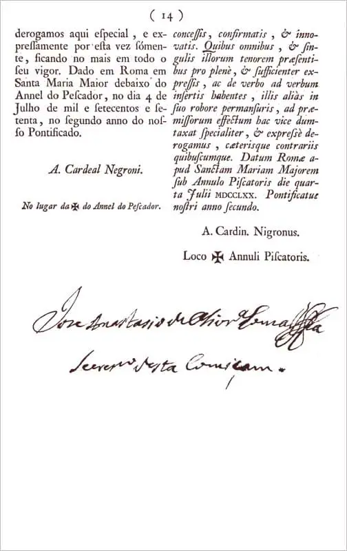 Breve Apostólico de Clemente XIV Sacrosanctum Apostulatus Ministerium (pág.14).