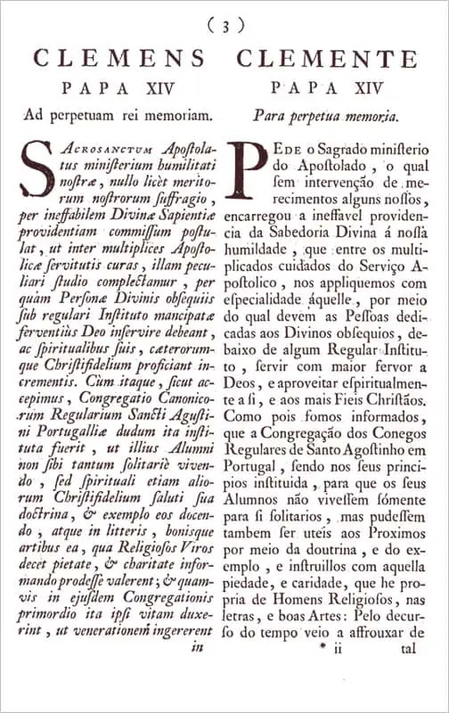 Breve Apostólico de Clemente XIV Sacrosanctum Apostulatus Ministerium (pág.3).