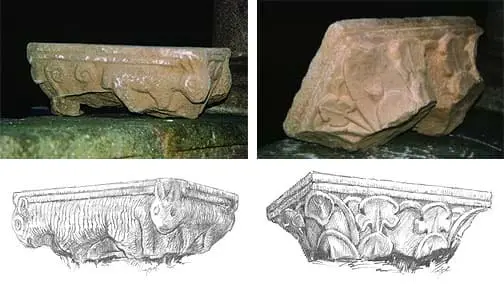 Capitel geminado com motivos zoomórficos e Capitel geminado com motivos vegetais.